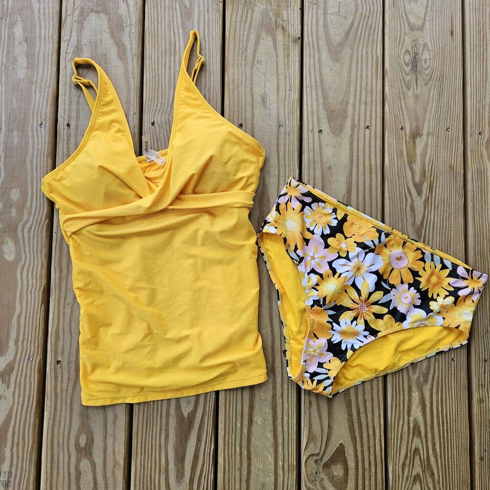Yonique Women’s Large Tankini Swimsuit – Yellow Twist Front Floral Black Bottoms